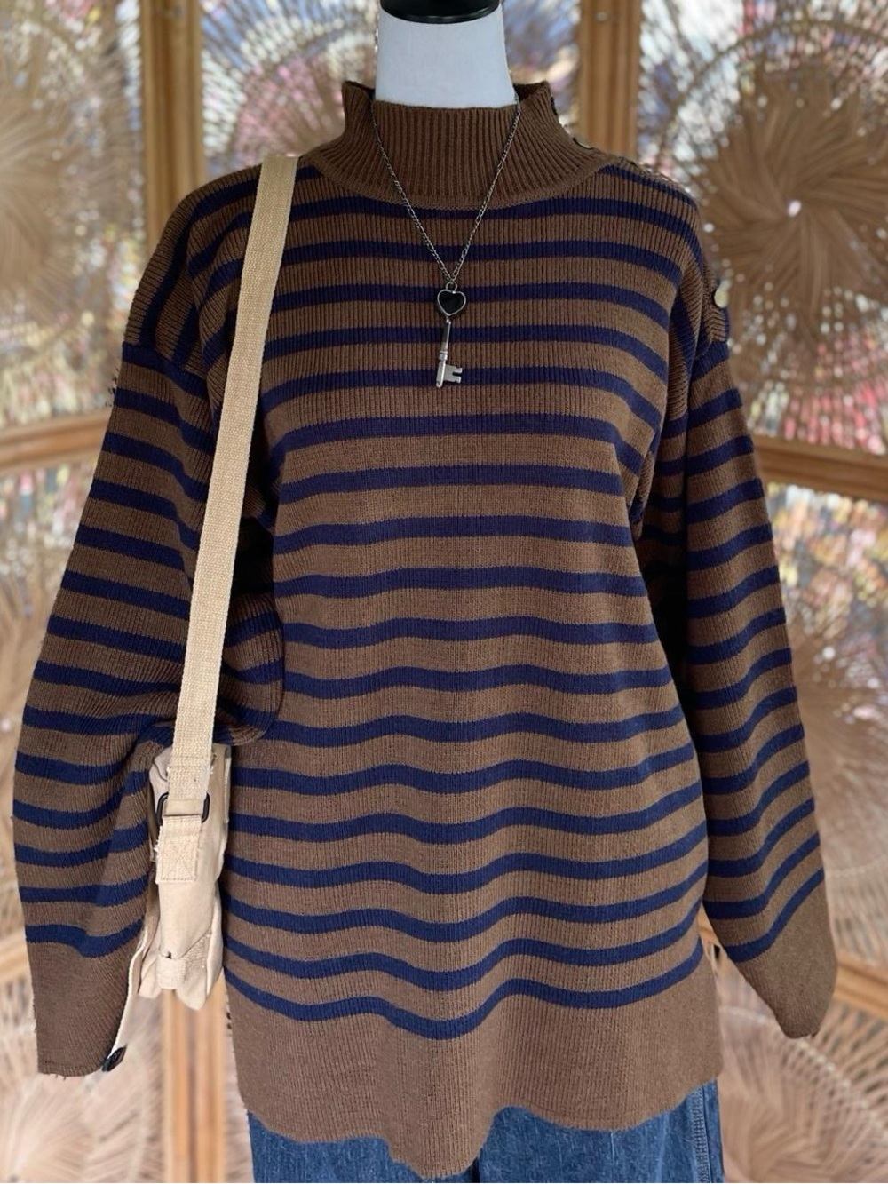 Vintage Diversity Brown & Navy Blue Striped Mock Neck Slouchy Sweater